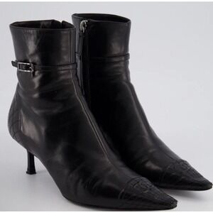 Chanel Black Leather CC Cap Toe Ankle Length Boots Size 37.5 Italy 37 1/2
